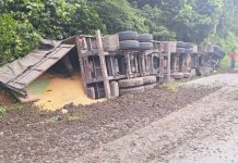 VÍDEO - Após ficar sem freios, caminhão tomba na Serra Dona Francisca e drone flagra acidente