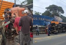 VÍDEO – Caminhão tomba em curva próximo à entrada de Guabiruba