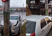 Bombeiros retiram motorista pelo porta-malas após colisão com poste no bairro Santa Luzia, em Brusque
