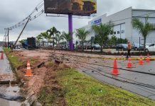 Caminhão perde controle, atinge poste e carros estacionados às margens da rodovia Antônio Heil Antônio Heil