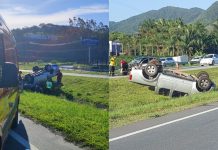 Caminhonete capota após impacto de colisão com carro, em Gaspar