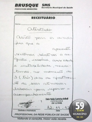 Segundo denúncia enviada ao comusa pela Associação Brusquense de Medicina, atestado médico foi emitido de forma irregular por psicólogo