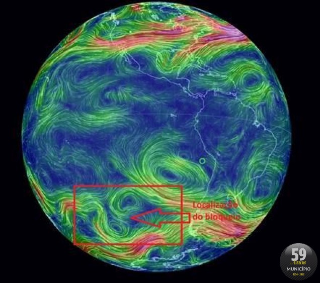 Mapa mostra o bloqueio da atmosfera no Pacífico Sul